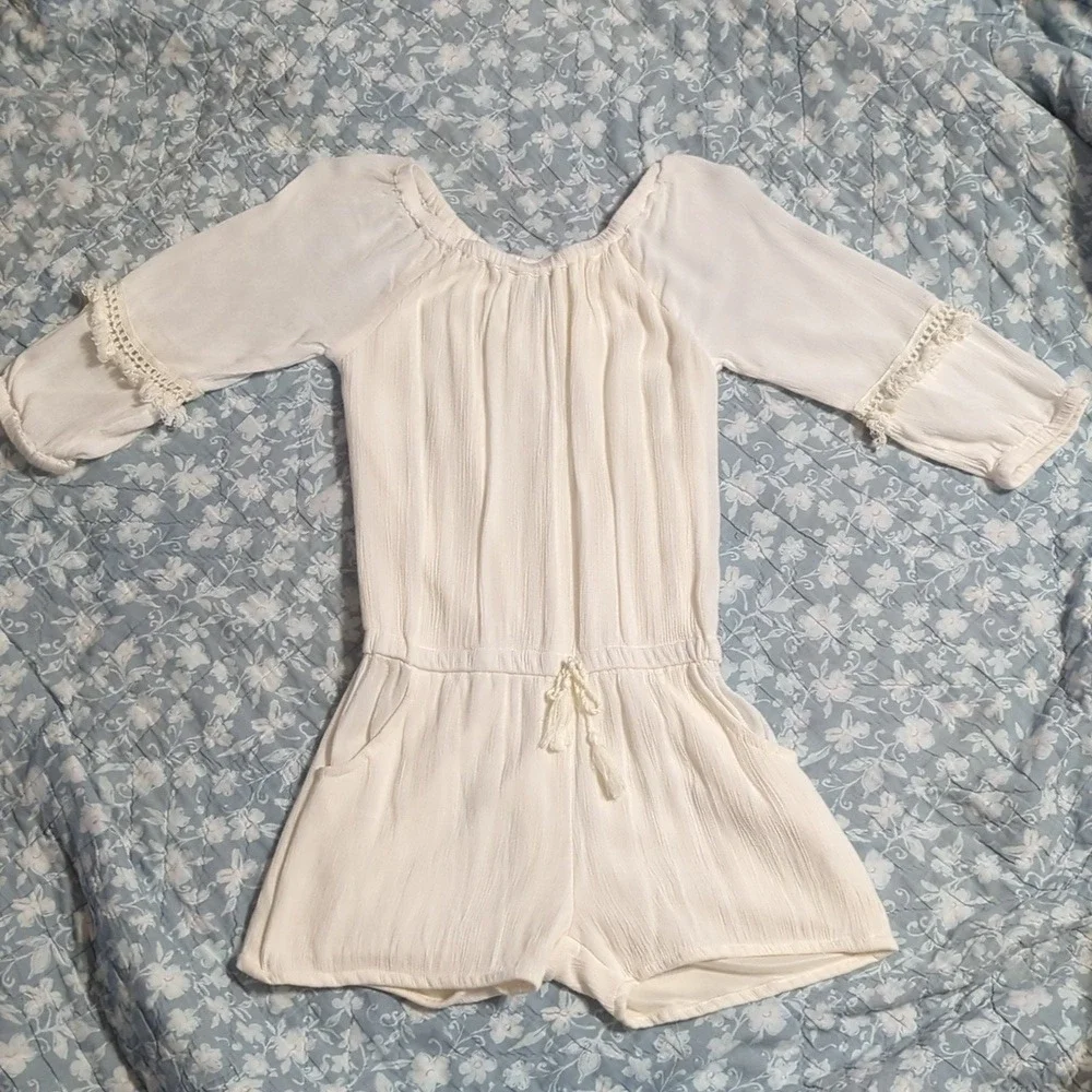 Star Ride Girls 14/16 White Gauze Romper Crochet Lace Trim Tassel 3/4 Sleeve 623